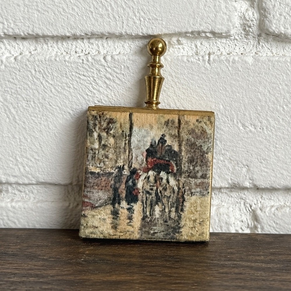 Vintage Brass Pocket Butler Ashtray Mini Impressionist Print Lid Cigarette Rest